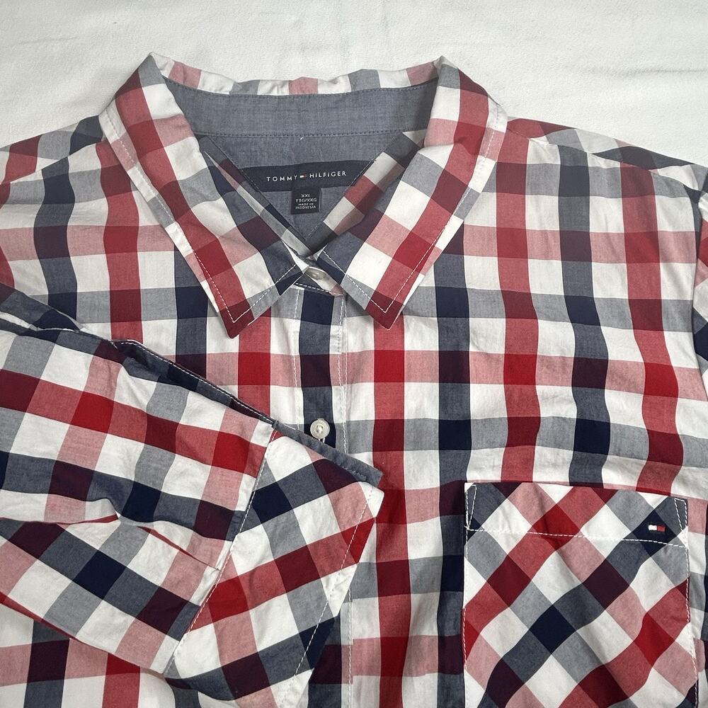 Tommy Hilfiger Men's XXL Red Blue White Plaid Button Down Tab Roll up Sleeves